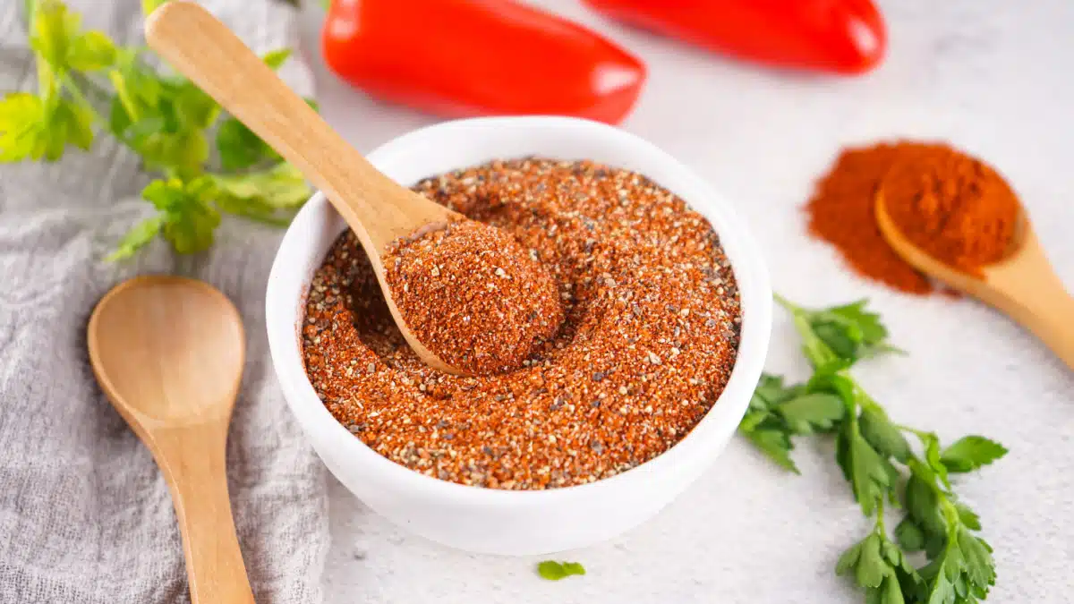 Homemade BBQ srub seasoning in a white bowl