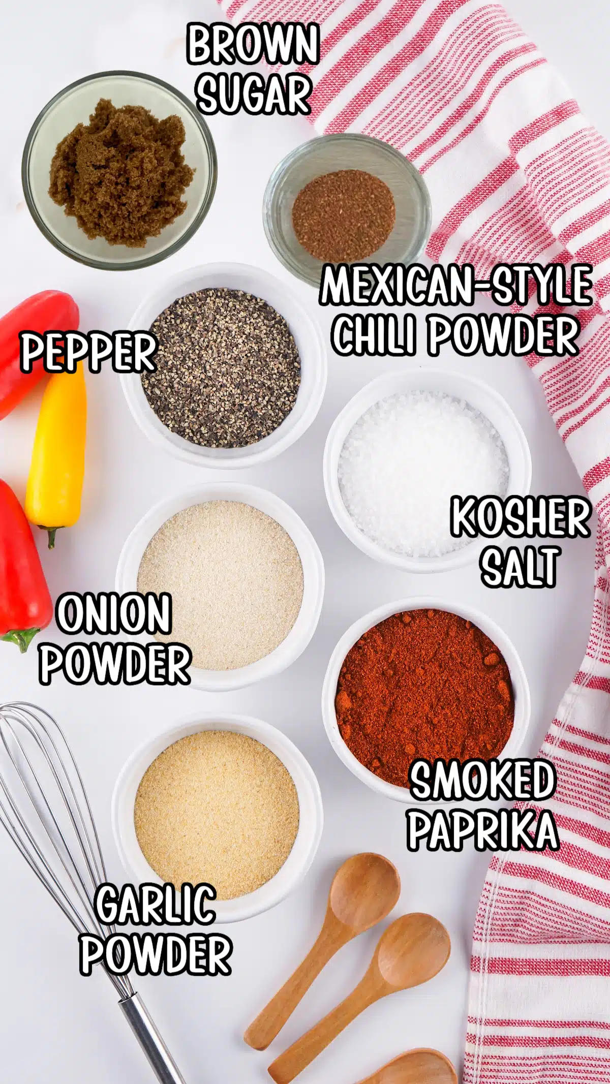 barbecue seasoning ingredients in bowls with text overlay