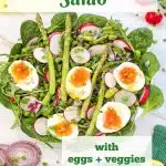 spinach and egg salad with text overlay