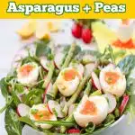 arugula spinach salad with soft boiled eggs and text overlay