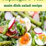soft boiled eggs, radishes, asparagus and spinach salad with text overlay