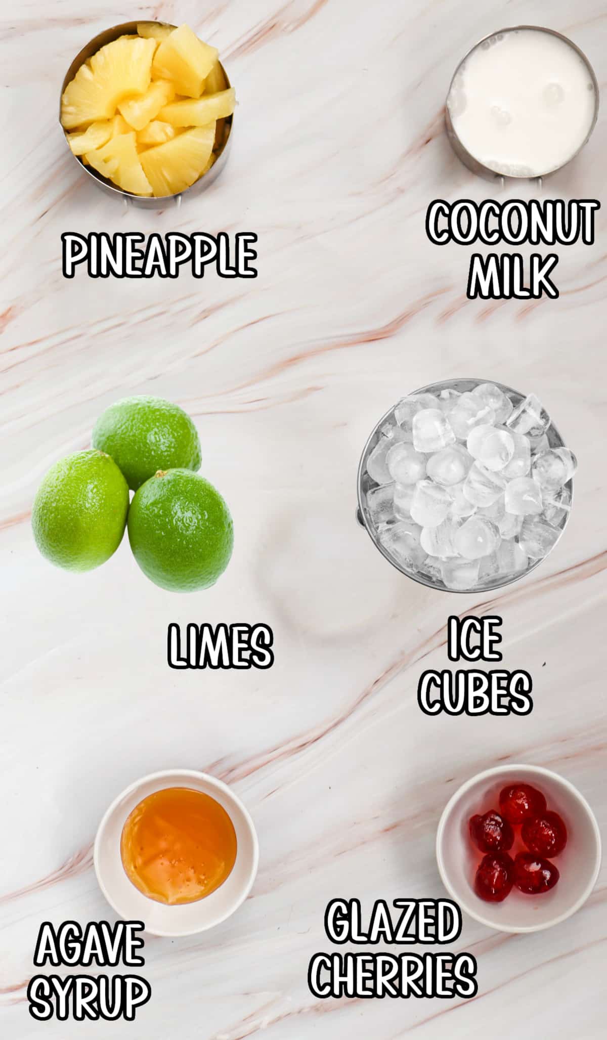 ingredients for pina colada mocktails with text