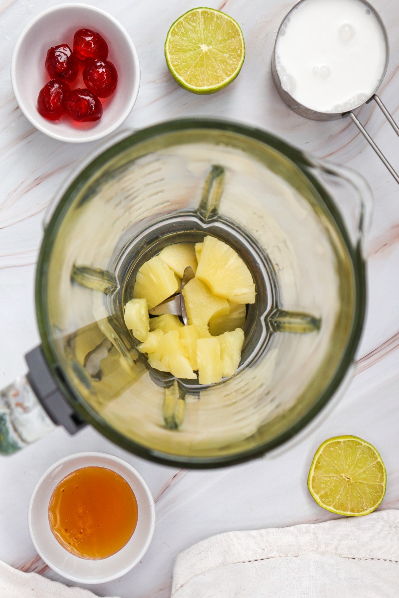 pina colada ingredients in a blender