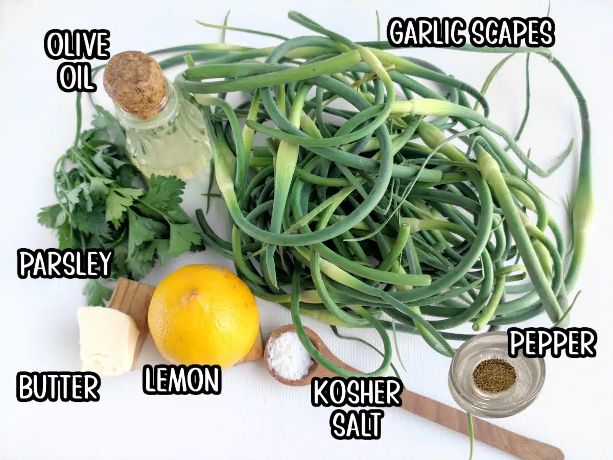 garlic scapes recipe ingredients with text