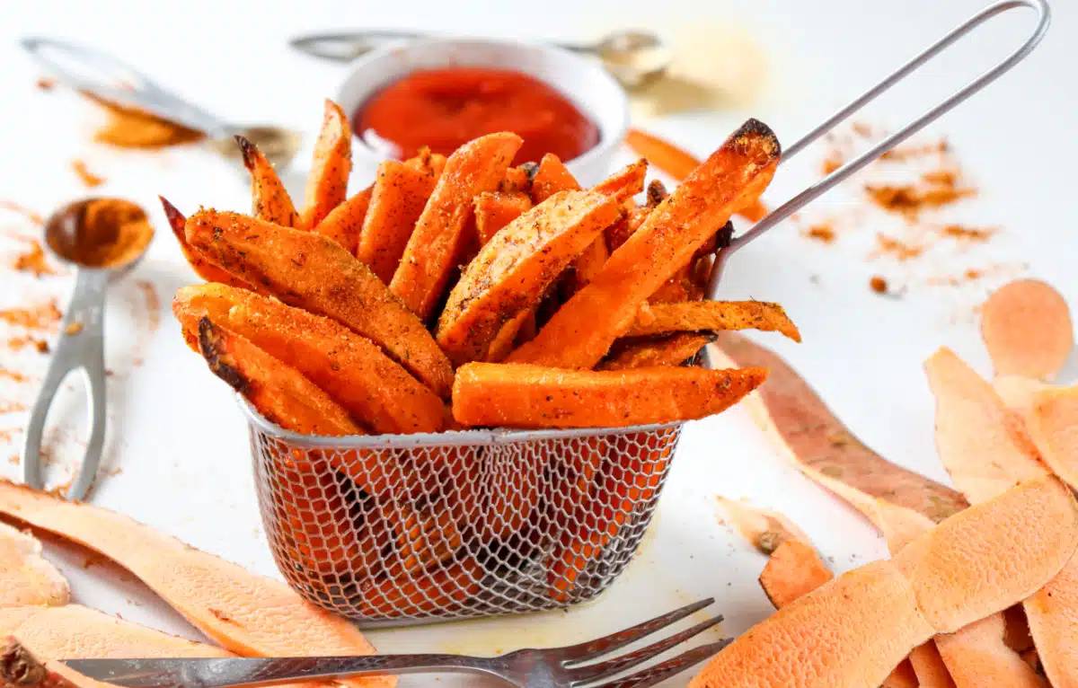 air fryer sweet potato wedges in a basket