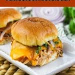 close up of barbecue chicken slider with cheese and text overlay