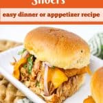cheddar chicken slider with barbecue sauce on a plate and text overlay