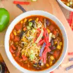 overhead of a bowl of taco soup with text overlay