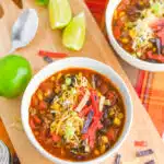 overhead of two bowls of stovetop taco soup with text overlay