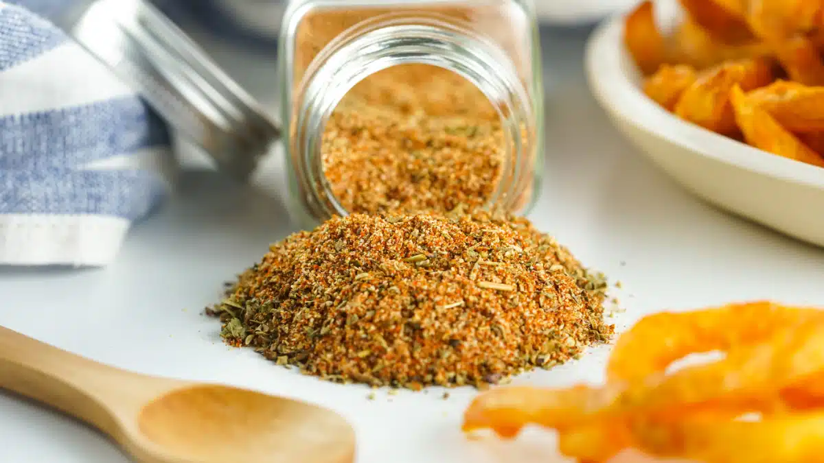fry seasoning spilling out of a spice jar