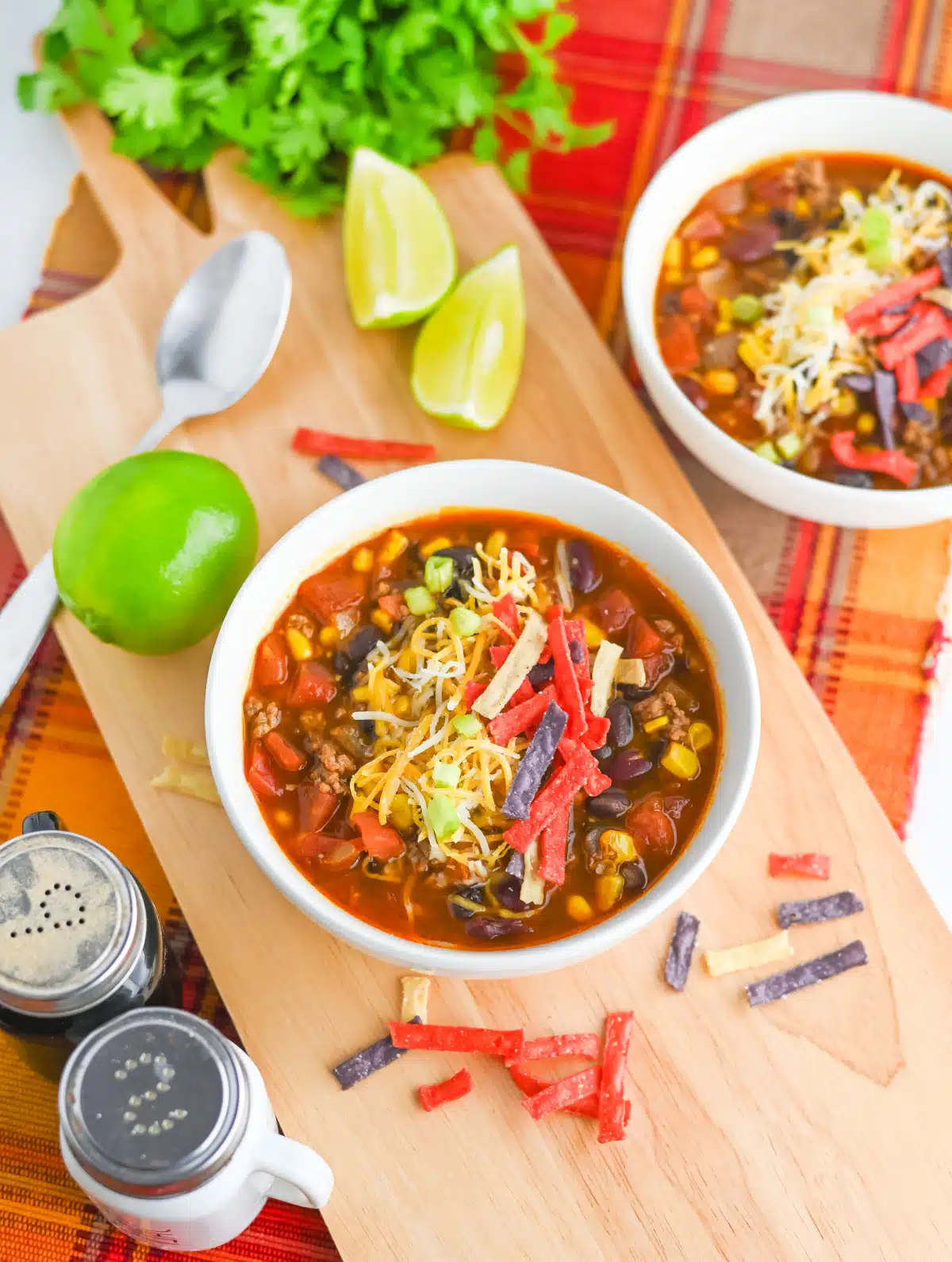 overhead of two bowls of taco soup