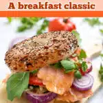 A bagel and lox sandwich with text overlay