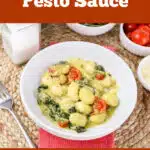 bowl of gnocchi with a cream sauce and text overlay