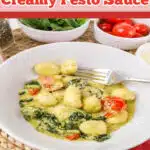 gnocchi in a white bowl with a fork and text overlay