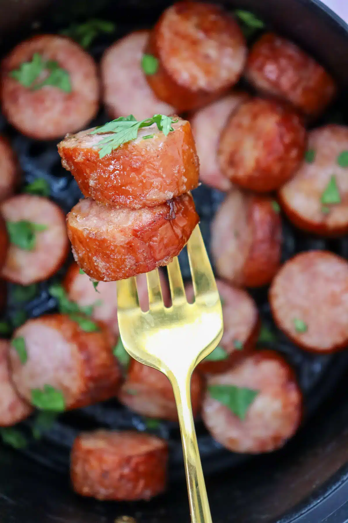 two pieces of air fryer kielbasa on a fork
