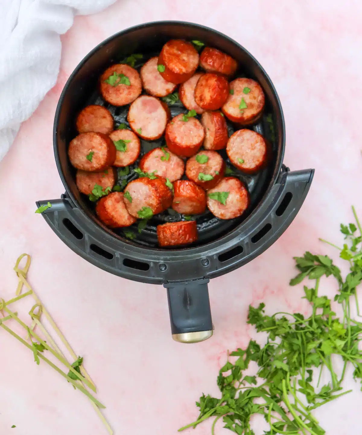 air fried kielbasa with toothpicks and parsley