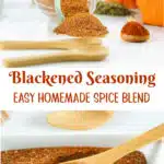 jar with blackened seasoning and spice blend on a spoon with text overlay