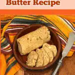 cowboy butter in a serving dish with a butter knife and text overlay