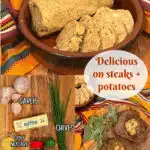 three photos of cowboy butter, ingredients and on steak with text overlay