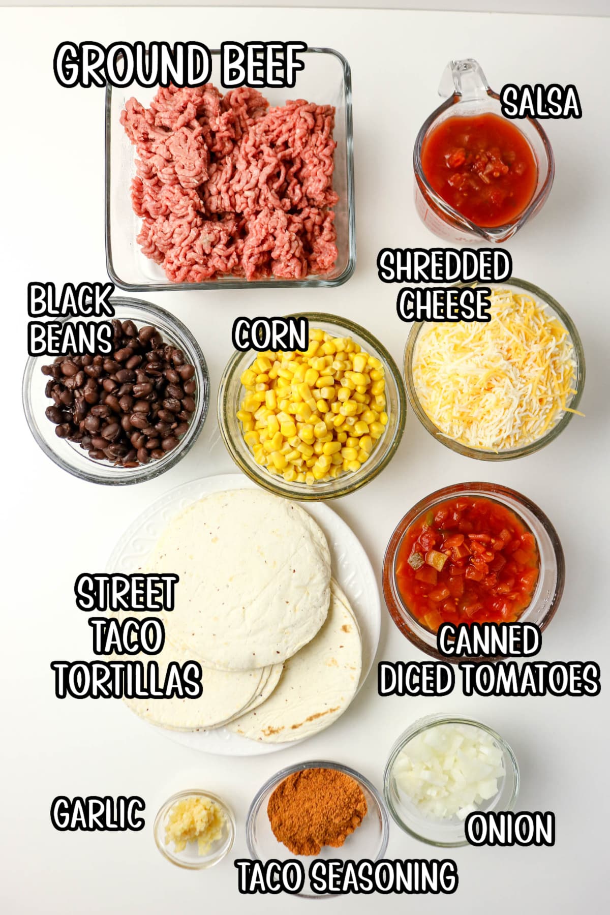 ingredients for taco casserole with text