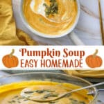 bowl of pumpkin soup and creamy pumpkin soup on a spoon with text overlay