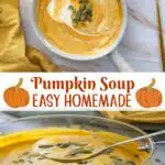 bowl of pumpkin soup and creamy pumpkin soup on a spoon with text overlay