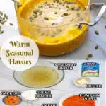 pot of creamy pumpkin soup and photo of ingredients with text overlay