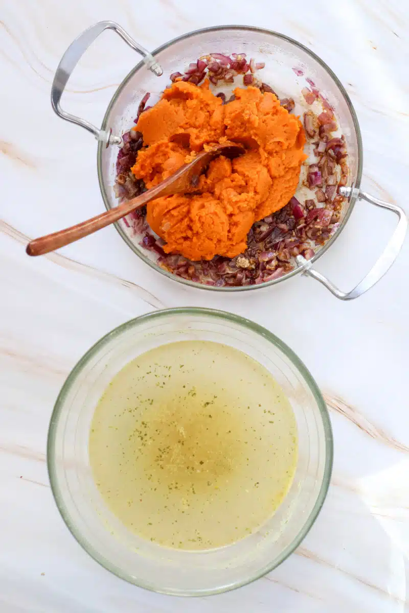 combine puree and broth in the pot