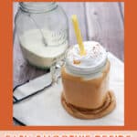 pumpkin protein shake with protein powder in a glass jar and text overlay