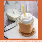 pumpkin protein shake with protein powder in a glass jar and text overlay