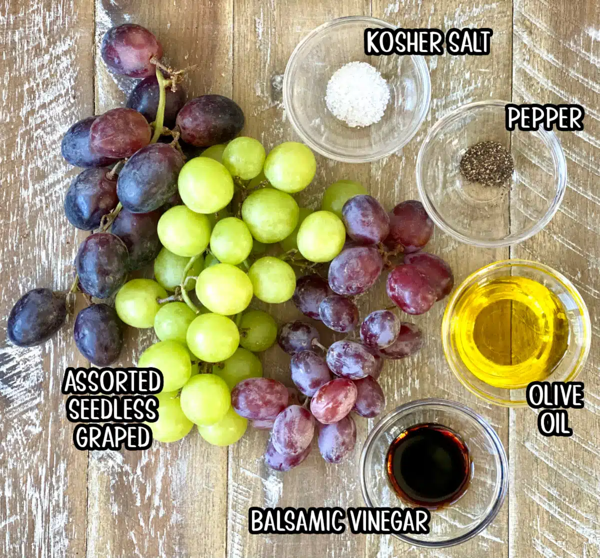 ingredients for balsamic grapes recipe with text overlay