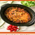layered taco casserole in a slow cooker with text overlay