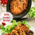 taco casserole in crockpot and serving of layered taco recipe with text overlay