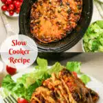 taco casserole in crockpot and serving of layered taco recipe with text overlay