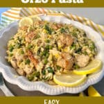 platter of lemon orzo with chicken and text overlay