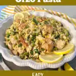 platter of lemon orzo with chicken and text overlay
