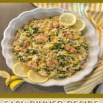 lemon chicken orzo pasta skillet dinner in a serving dish with text overlay