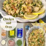 chicken with orzo pasta and lemon in a serving dish, ingredients photo and overhaed photo with text overlay