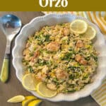 overhead of a serving dish of lemon chicen with orzo pasta and text overlay