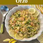 overhead of a serving dish of lemon chicen with orzo pasta and text overlay