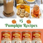 collage of pumpkin recipes, cans of pumpkin puree and text overlay