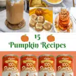 collage of pumpkin recipes, cans of pumpkin puree and text overlay