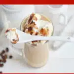 a mug of hot caramel macchiato latte with text overlay
