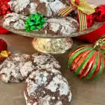 Chocolate Crinkle Cookies with holiday ornaments
