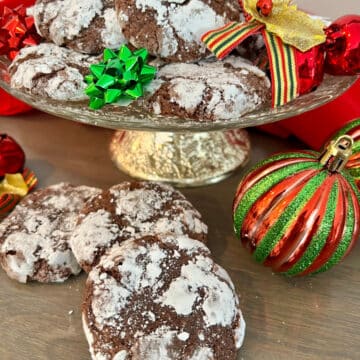 Chocolate Crinkle Cookies with holiday ornaments