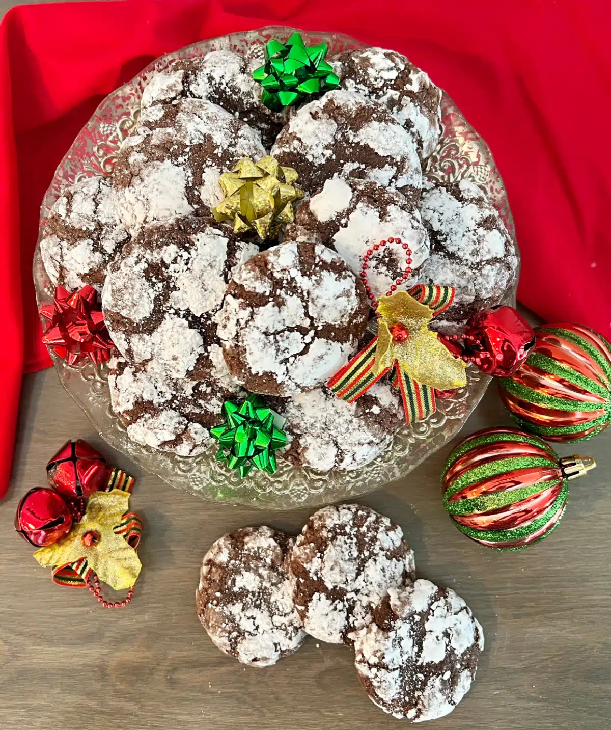overhead of chocolate crinkle cookies on a serving dish