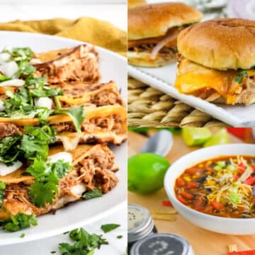 shredded chicken recipes collage of tacos, soup and sliders