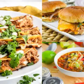 shredded chicken recipes collage of tacos, soup and sliders