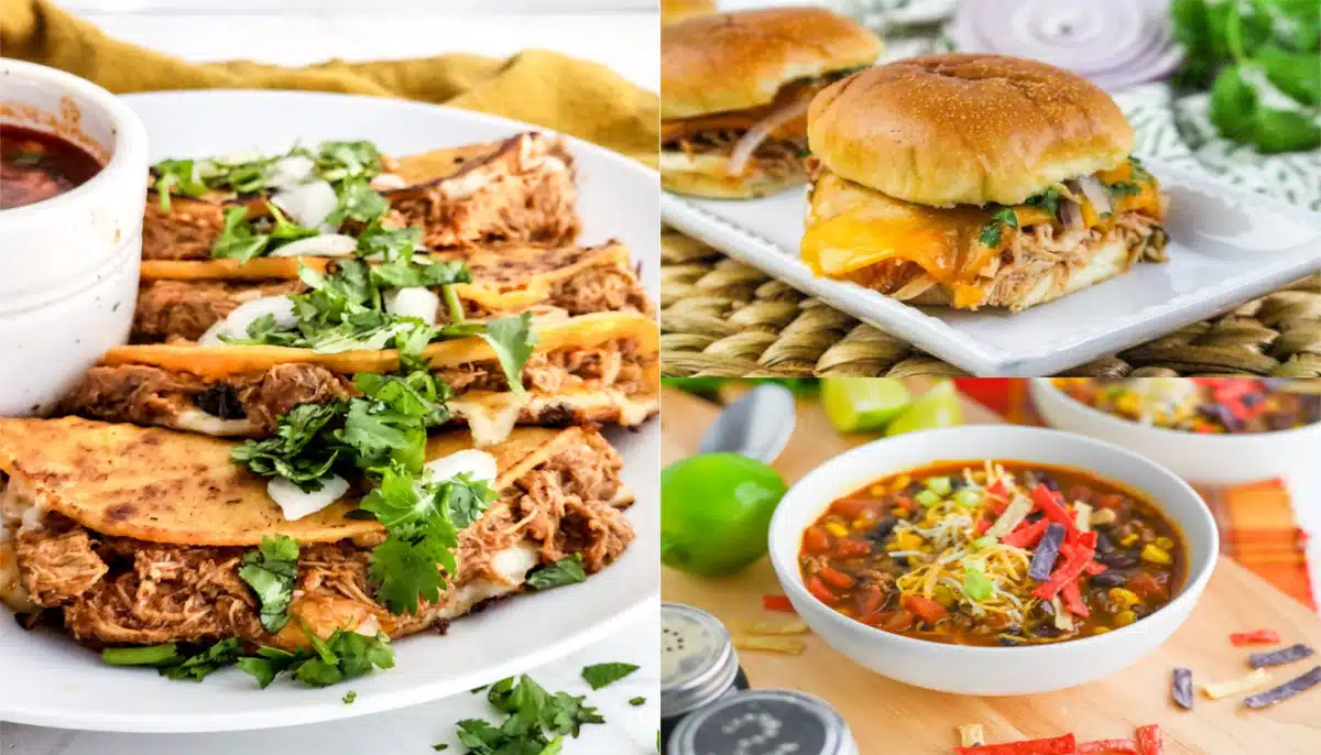 shredded chicken recipes collage of tacos, soup and sliders