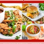 collage of shredded chicken recipes with text overlay